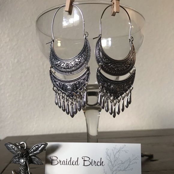 Silvertone Crescent Embossed Drop Earrings - Picture 2 of 4